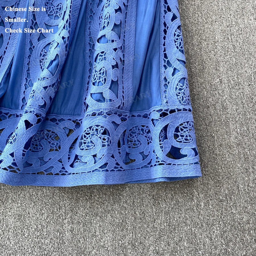 Summer Embroidery Maxi Dress Two Piece Set Women Blue Hollow Lace Long Sleeve Blouse Shirts 3pcs Sets Elastic Waist Skirts Suits