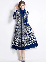 High Quality Long Sleeve Bow Neck Flower Print Elegant Dresses
