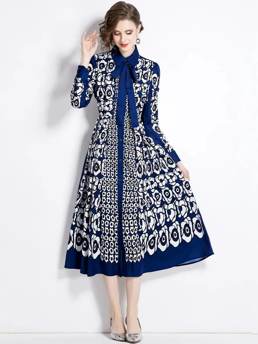 High Quality Long Sleeve Bow Neck Flower Print Elegant Dresses