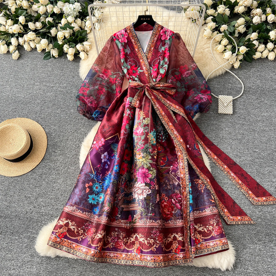 High quality vintage palace print French style elegant evening dress