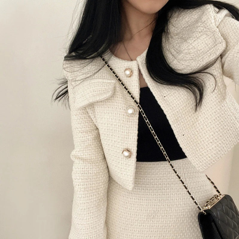 Tweed two piece set single breasted long sleeve crop top + high waist flared mini skirt high quality
