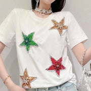 Design Sense Exquisite Rhinestone Five-pointed Star Short-Sleeved T-shirt for Women Summer New Loose Embroidered Tops Tees