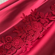High Quality Vintage Floral Embroidery Mesh Long Sleeve Red Dresses
