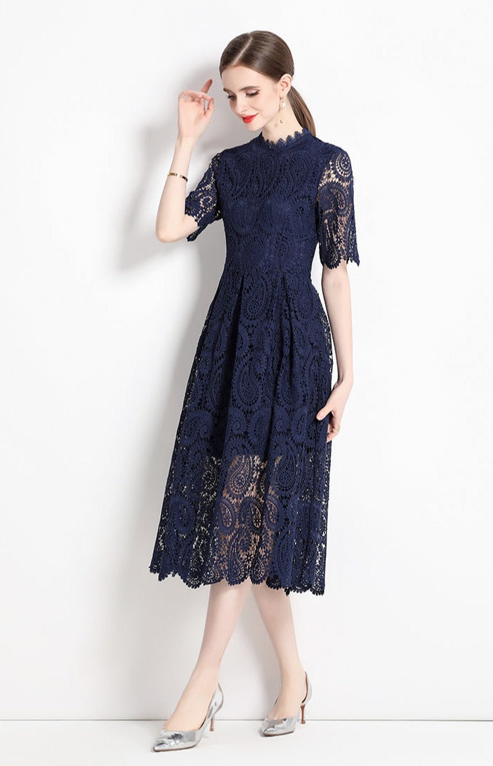 High Quality Hollow Out Short Sleeve Vintage Solid Midi Length Embroidery Lace Elegant Dresses