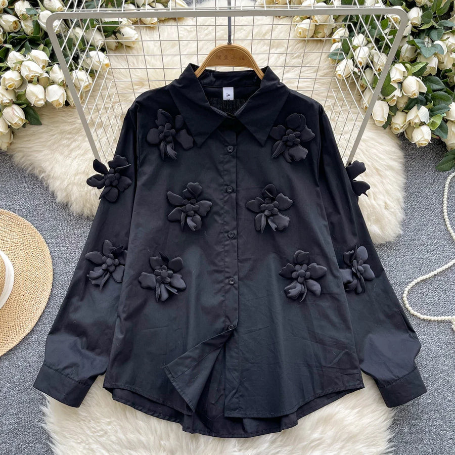 High-quality vintage high-neck loose blouse, elegant, long-sleeved, three-dimensional floral print