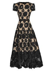 High Quality Short Sleeves Midi Elegant Flower Lace Dress