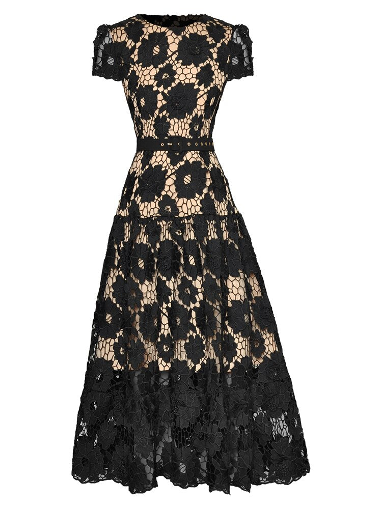 High Quality Short Sleeves Midi Elegant Flower Lace Dress