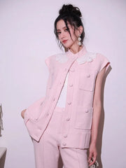 Sweet Pink Lace Collar Women Vest Sets Loose Fit Multi Pocket Sleeveless Jacket Two-Piece Set Full Length Wide Leg Pant Outfits