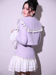 Fashion Sweet Office Lady Pearl Jacket Sets Double Breasted Ruffles Spliced Coat Outfits Light Purple Mini Skirt Two-Piece Set