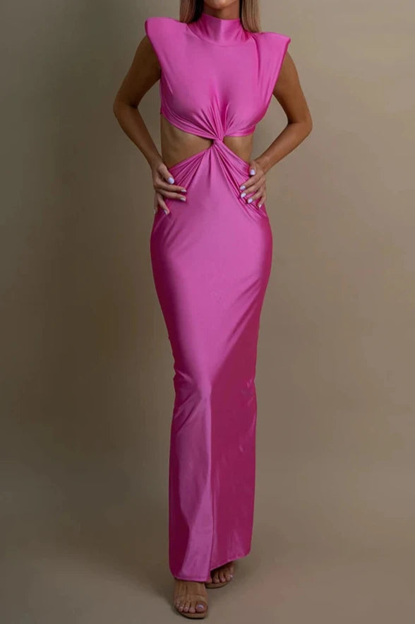 High Quality Plain Sleeveless Bodycon Hollow Out Turtleneck Sexy Long Dress