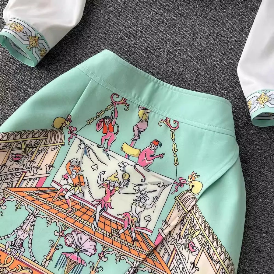 Summer Cartoon 2 Pieces Set Women Turn Down Collar Long Sleeve Two Pockets Chiffon Shirt Top + Irregular Vintage Mini Skirt Suit