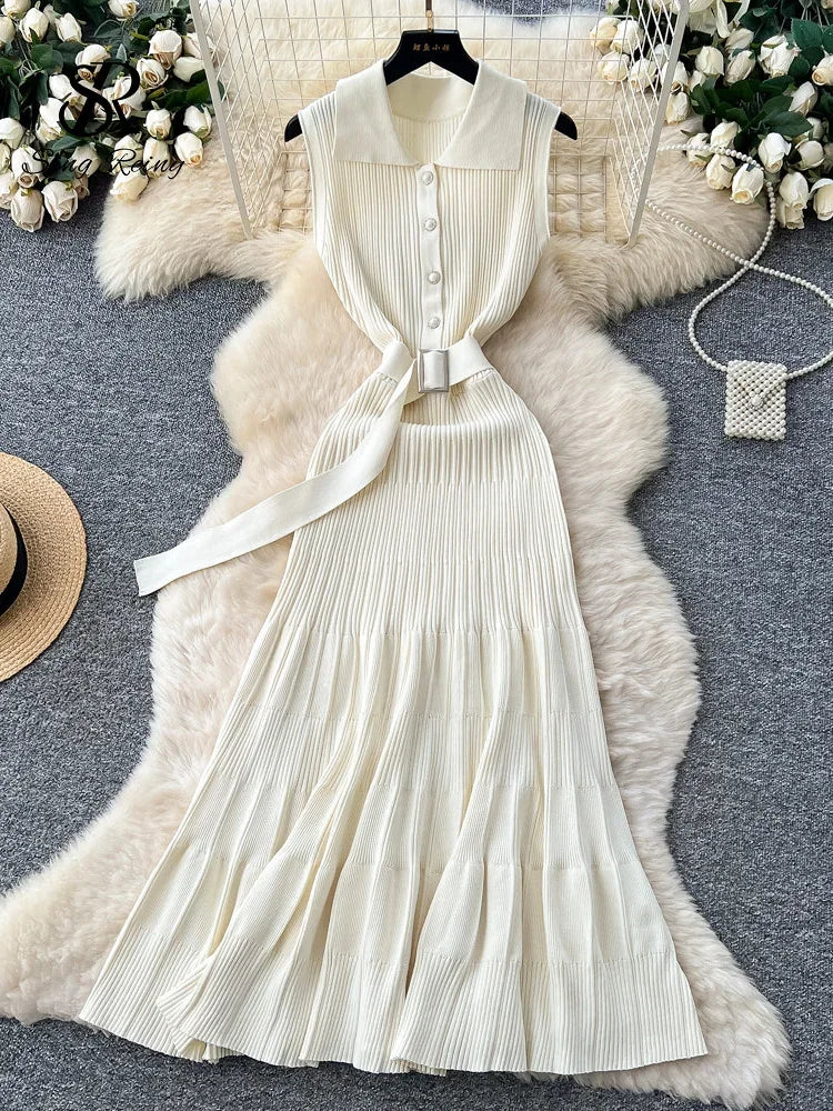 Ribbed Knit Dress Sleeveless Lapel Belt French Ins Chic Spring Summer Celebrity Style Feminine A-line Long Dress