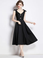 Elegant Thick Satin Special Occasion Evening Prom Dresses For Women Sexy V Neck Cup Padded Diamonds Bow Tank Solid Midi Vestidos