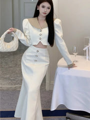Elegant Two Piece Set Long Sleeve Short Coat + High Waist Mermaid Skirt High Quality