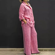 Casual Two Piece Set Cotton Linen Long Sleeve Shirt+Straight Pants