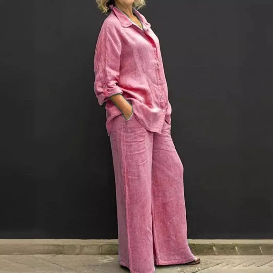 Casual Two Piece Set Cotton Linen Long Sleeve Shirt+Straight Pants