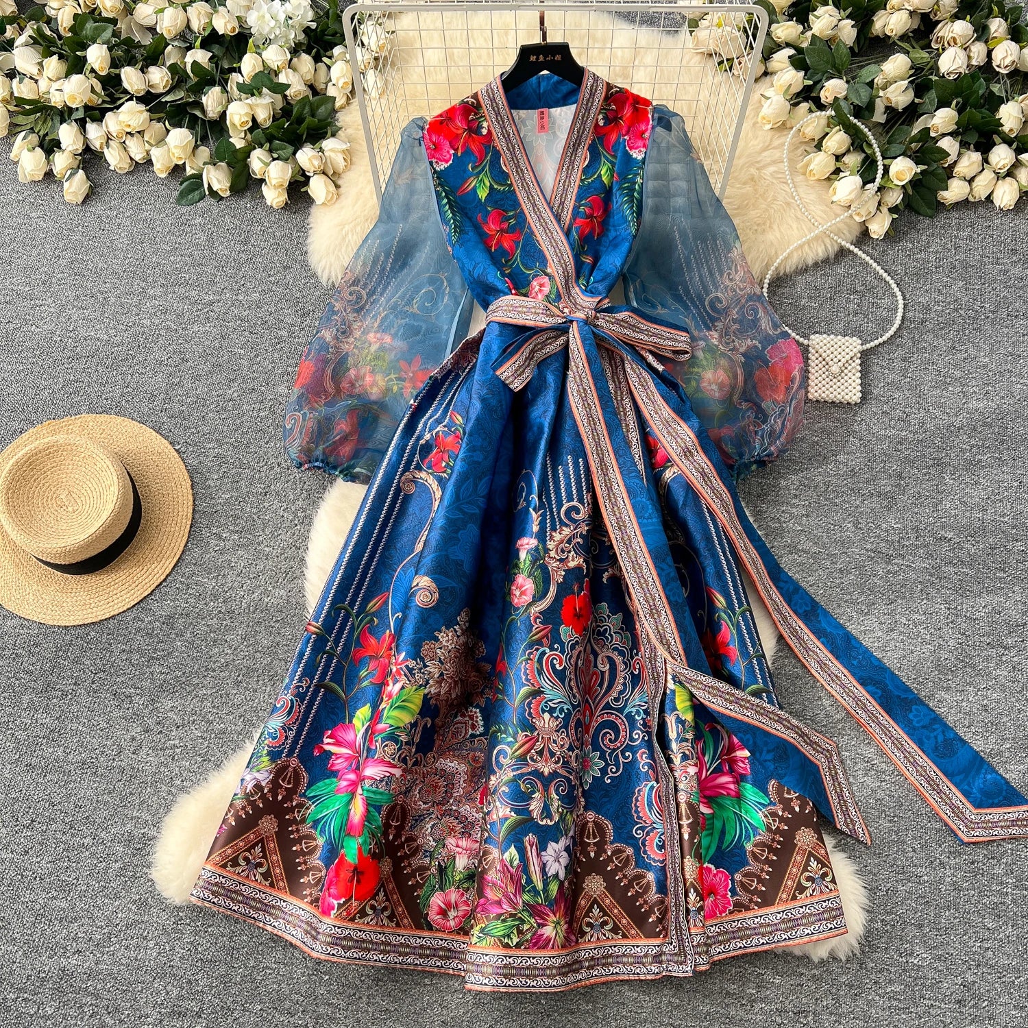 High quality vintage palace print French style elegant evening dress