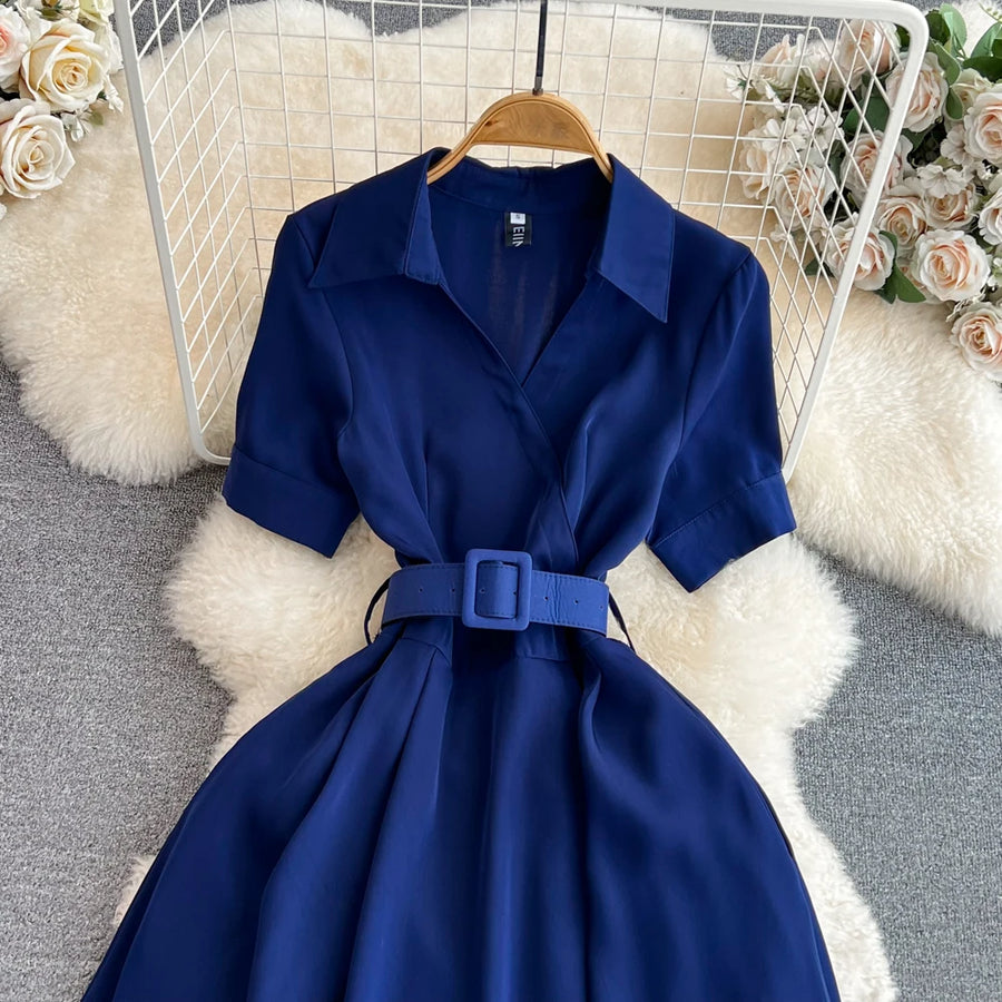 Elegant French turn-down collar short-sleeved dress with high-quality belt