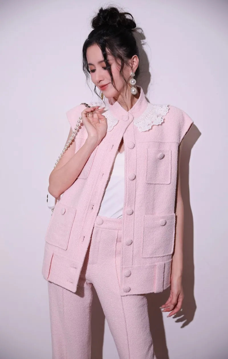 Sweet Pink Lace Collar Women Vest Sets Loose Fit Multi Pocket Sleeveless Jacket Two-Piece Set Full Length Wide Leg Pant Outfits