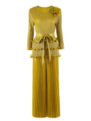 2-piece set of 3D flower pleated niche design lace-up T-shirt + loose elegant wide-leg pants