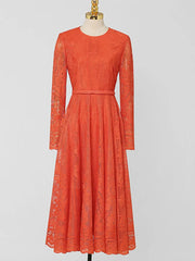 High quality slim waist round neck long sleeve openwork dress