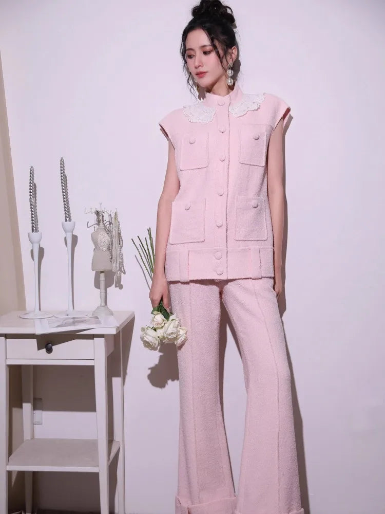 Sweet Pink Lace Collar Women Vest Sets Loose Fit Multi Pocket Sleeveless Jacket Two-Piece Set Full Length Wide Leg Pant Outfits