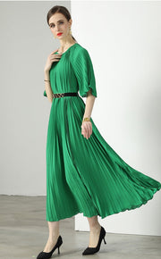 High Quality Printed Round Neck Lace Up Belt Maxi Pleated Long Dress