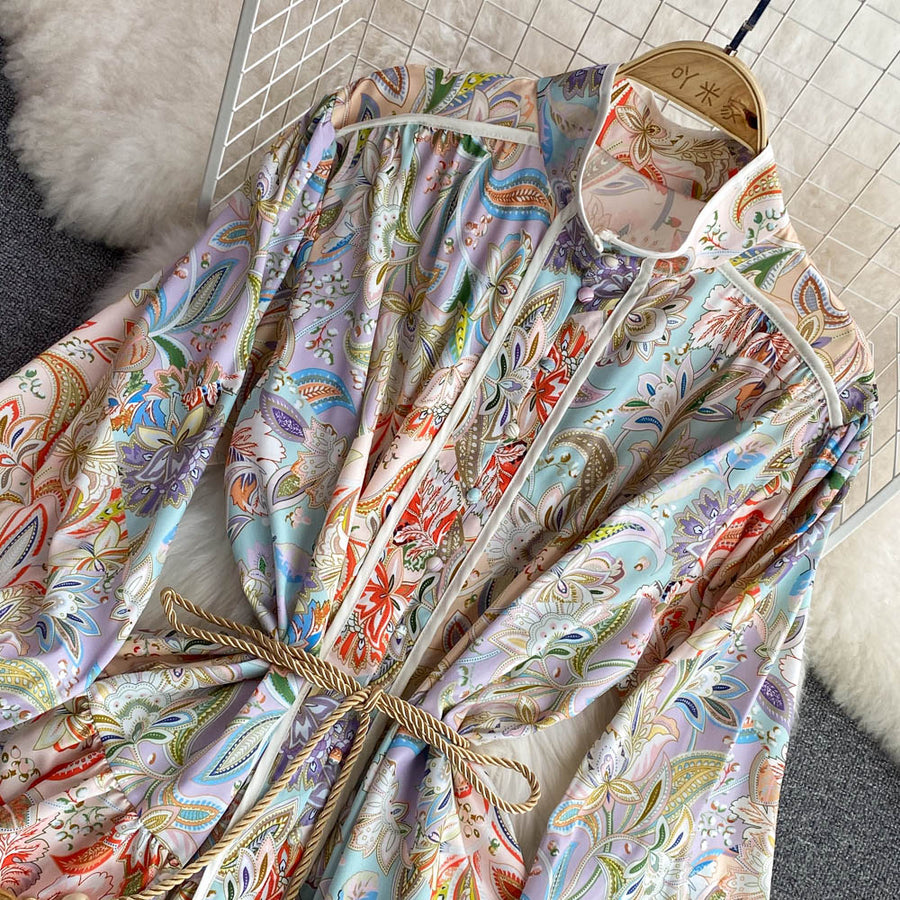 High Quality Big Hem Long Sleeve Turtleneck Printed Dress