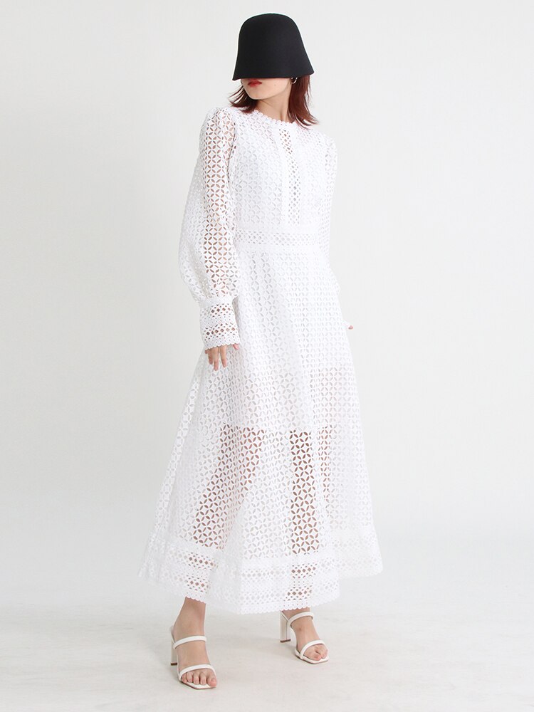 Vintage dresses round neck, flare sleeve, high waist, hollow out patchwork, high quality embroidery