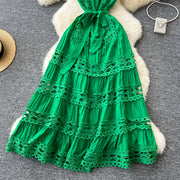 Sexy Hollow Out Embroidery Round Neck Sleeveless Bandage Long Dresses High Quality