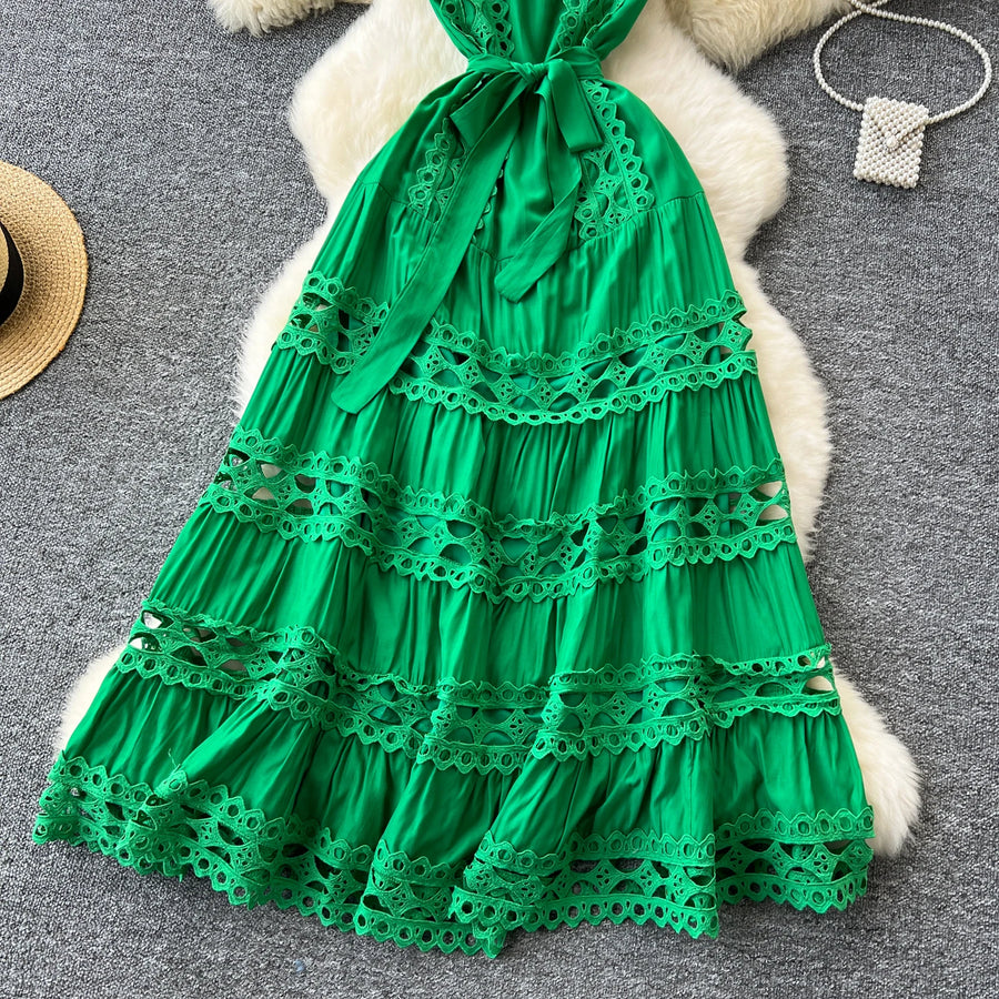 Sexy Hollow Out Embroidery Round Neck Sleeveless Bandage Long Dresses High Quality