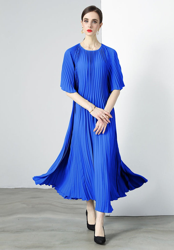 High Quality Printed Round Neck Lace Up Belt Maxi Pleated Long Dress