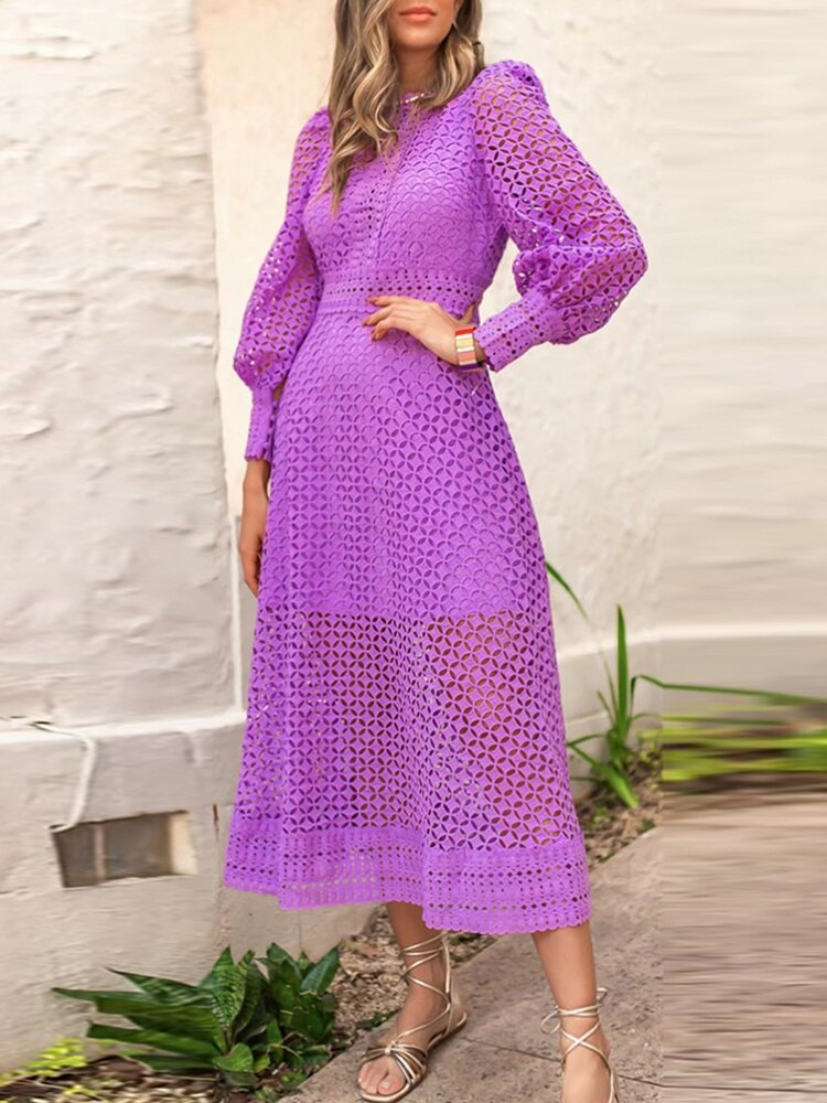 Vintage dresses round neck, flare sleeve, high waist, hollow out patchwork, high quality embroidery