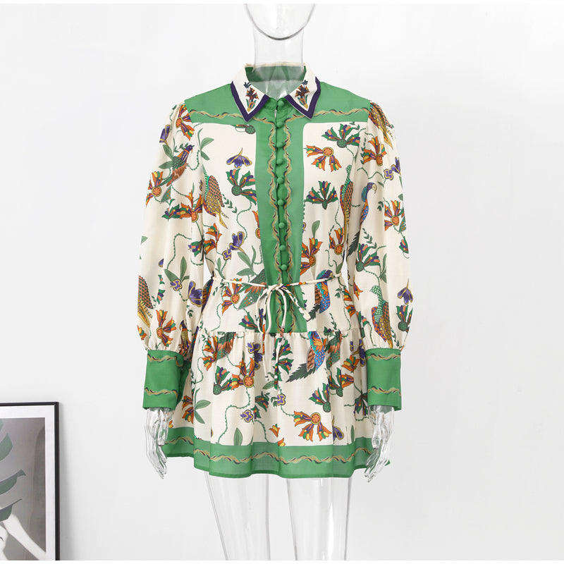 High Quality Single Breasted Long Flare Sleeve Loose Flower Print Pleated Mini Dress