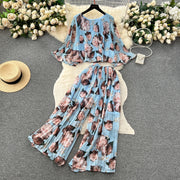 Autumn Women Draped Two Piece Set Bohemian Female Floral Pleated Short Blouse + High Waist Wide Leg Pants Chiffon Suit 2Pcs New