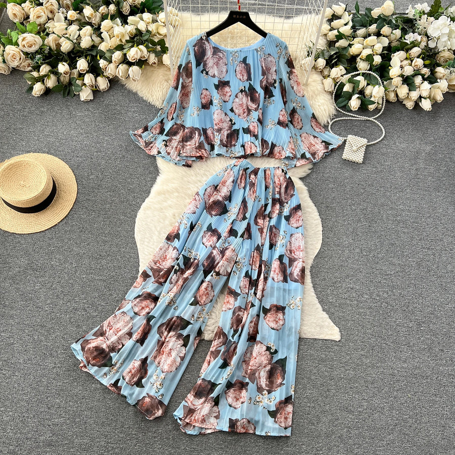 Autumn Women Draped Two Piece Set Bohemian Female Floral Pleated Short Blouse + High Waist Wide Leg Pants Chiffon Suit 2Pcs New