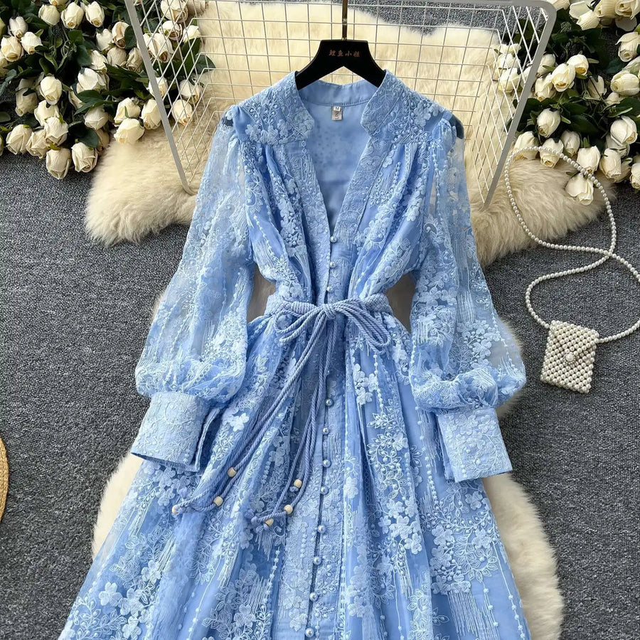 Luxury Embroidery Formal Dresses Women Summer Autumn Lantern Long Sleeve Lace Vestidos Pearl Prom Evening Birthday Dress Party