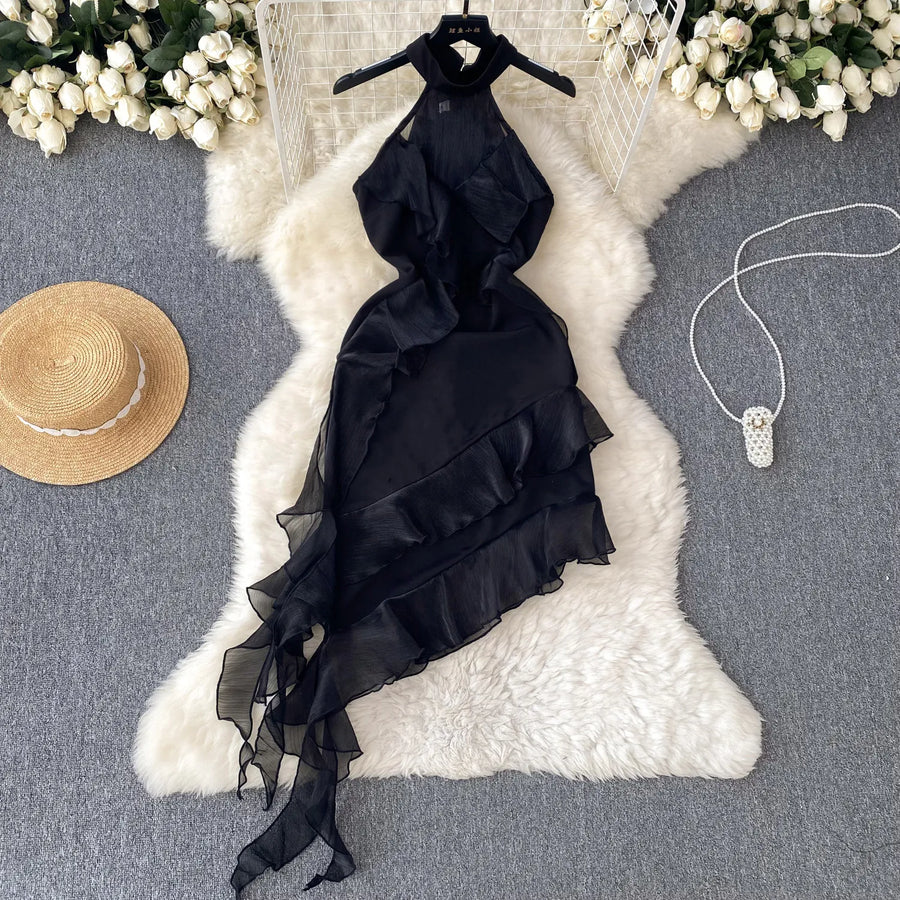Chic Halter Asymmetric Slim Bodycone Backless Dress French Sexy Chic Elegant Party Vestidos Women Dress