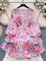 Elegant floral long sleeve V-neck dress with high quality bows