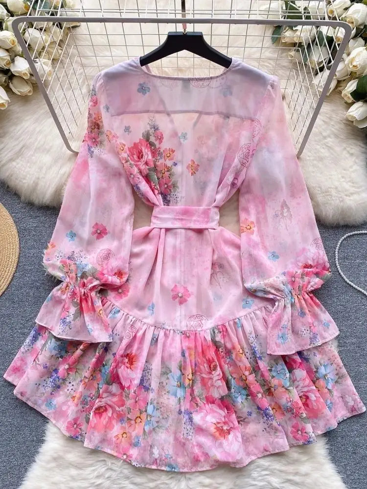 Elegant floral long sleeve V-neck dress with high quality bows