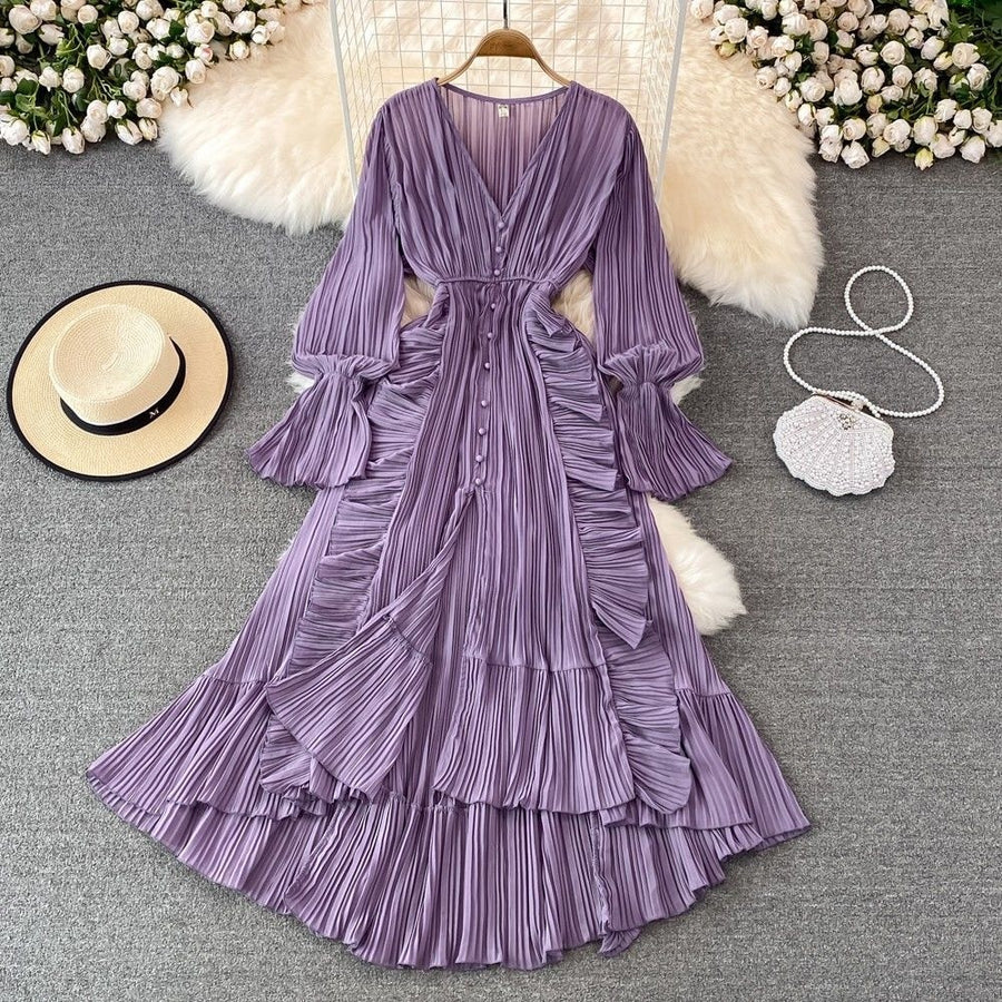 High Quality Ruffled Irreful Hem Elegant French Style Solid Striped Open Stitch Dress