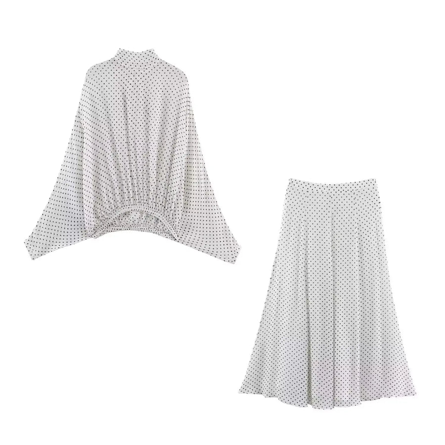Vintage Polka Dot Women Sets Chiffon Bow Tie Loose Blouses Loose Long Skirts Fashion  Spring Summer Holiday Suits