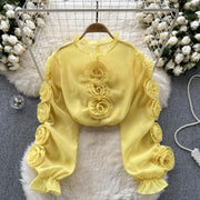 3D Floral Sheer Shirt Ruffle Collar Long Sleeve High Quality