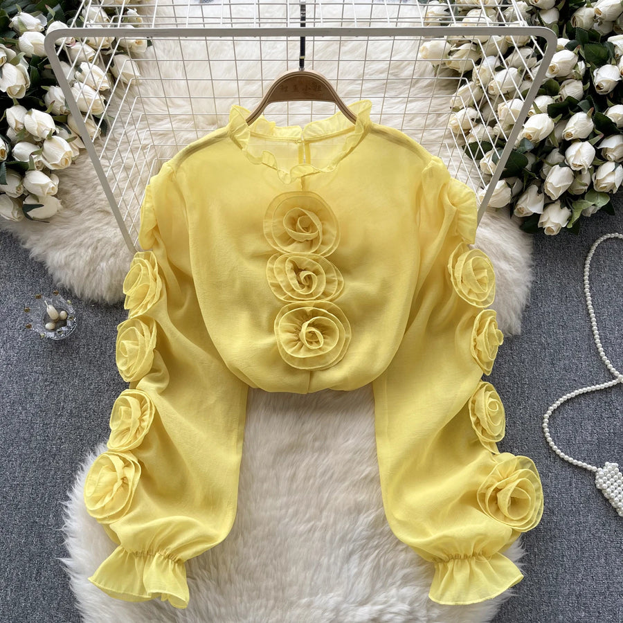 3D Floral Sheer Shirt Ruffle Collar Long Sleeve High Quality