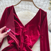 Velvet Dresses Elegant V Neck Vintage Long Sleeve Slim Pleated High Quality