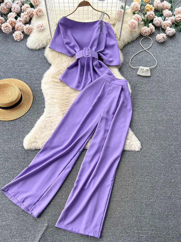 Royal style two-piece set, off-shoulder with high-quality wide-leg pants