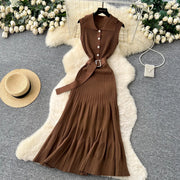 Ribbed Knit Dress Sleeveless Lapel Belt French Ins Chic Spring Summer Celebrity Style Feminine A-line Long Dress