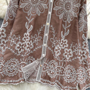 Basic loose long-sleeved polo-neck blouse embroidered with flowers and French-style hook