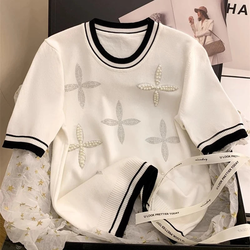 Patchwork Short Sleeve Round Neck Beaded Knitted T-shirt