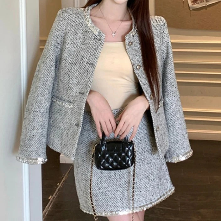 Autumn French Socialite Sequin Tweed Short Coat High Waist Slimming Mini Skirt Set Luxury Style Two Piece Sets Women Outfits